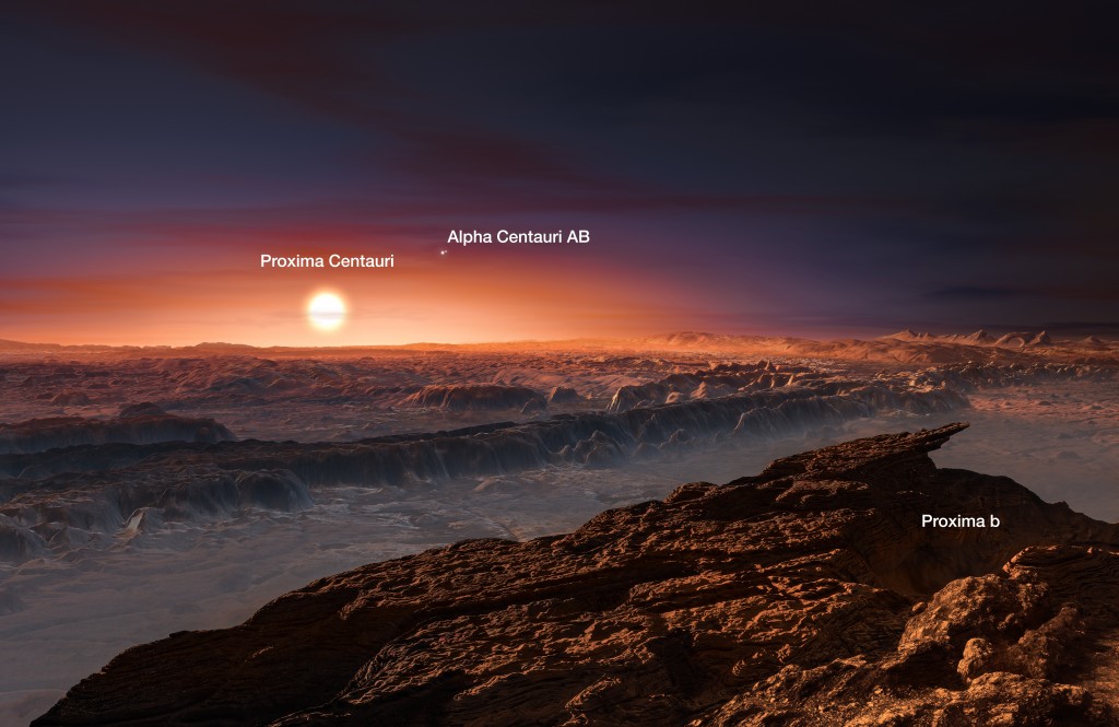 Artist's impression of the Alpha Centauri stellar system as viewed from the surface of the habitable-zone planet Proxima b (Image credit: ESO/M. Kornmesser)