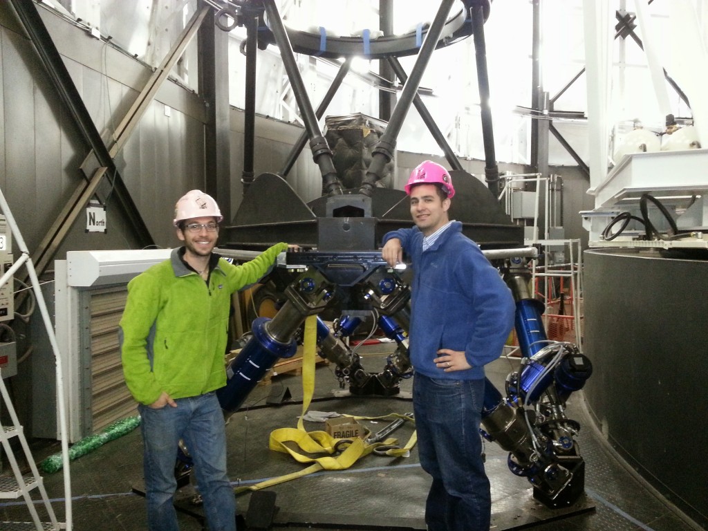 Eric and Paul with the new HET hexapod assembly.  Thanks to the mountain staff for the pretty pink hard hats.